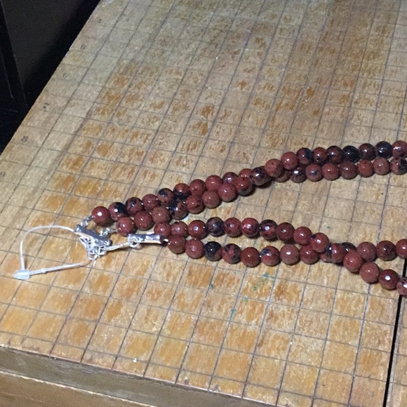 925 Hook Clasp, Chain Semiprecious Mahogany Obsidian Stone Necklace 17”L Faceted - Picture 4 of 10